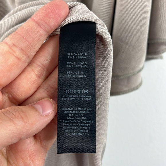 Chicos Travelers Slinky Beige Asymmetrical Tie Waist Dolman Sleeve Top Size M - Picture 10 of 13